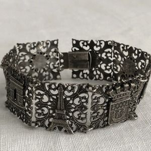 Vintage French Souvenir Filigree Panel Bracelet Eiffel Tower Arc De Triomphe